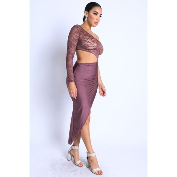 Women's Sexy Asymmetric Cut Out One Sleeve Wrap Midi Dress Dust Mauve S M L - Picture 4 of 12